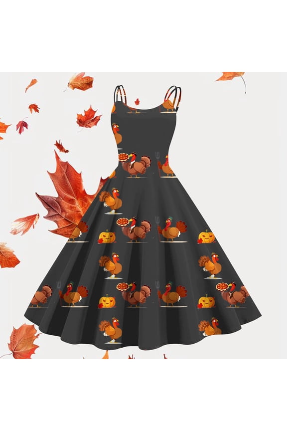 Fashionable And Versatile Suspender Thanksgiving Turkey Print Oversized Skirt Women Formal Long Evening Formal Dress Formal Dress Long Sleeve Dress plus Evening Dresses for Women plus Size Dresses for