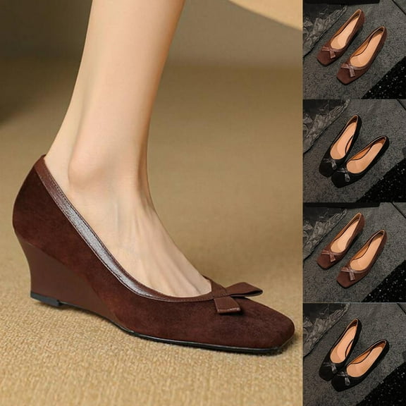 Fashionable Wedge Heel Shoes for Women, Bowknot Design, Square Toe, Summer Casual Footwear, Perfect for Dresses and Skirts