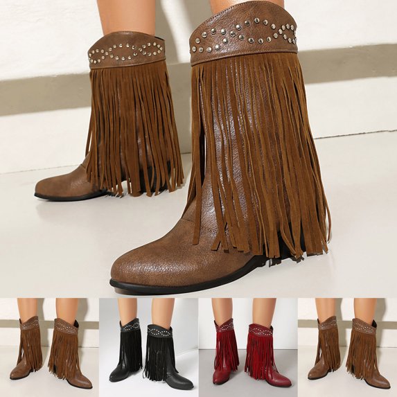 Fashionable Western Boots Comfortable Thick Heel Eye-Catching Round Toe Tassel Short Boots for Fall Winter Casual Wear