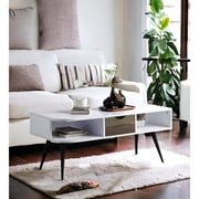 Fashionable White & Black Coffee Table With Metal Legs, 1 Storage Box 2 Open Areas Elegant In Black, Compartments