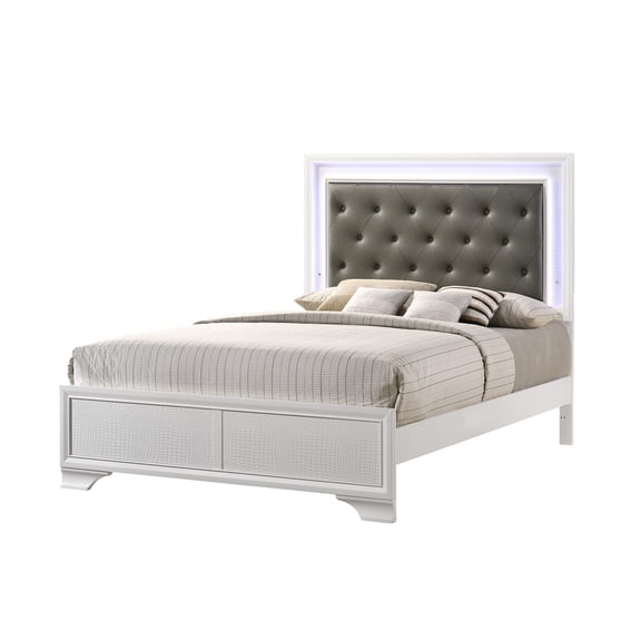 Fashionable White Crocodile Skin-like Led Panel Bed With Headboard For Queen Size Chic Print And Construction