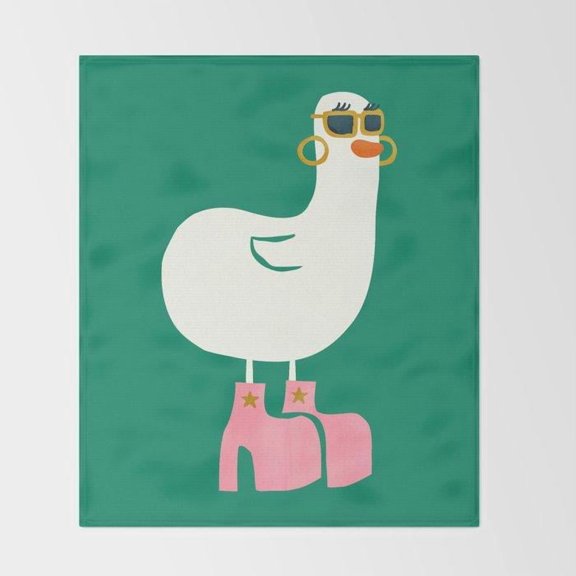 Fashionable White Goose in Pink Boots on Green Polyester Fleece Blanket, 280 GSM, Playful Style for Couch or Bed