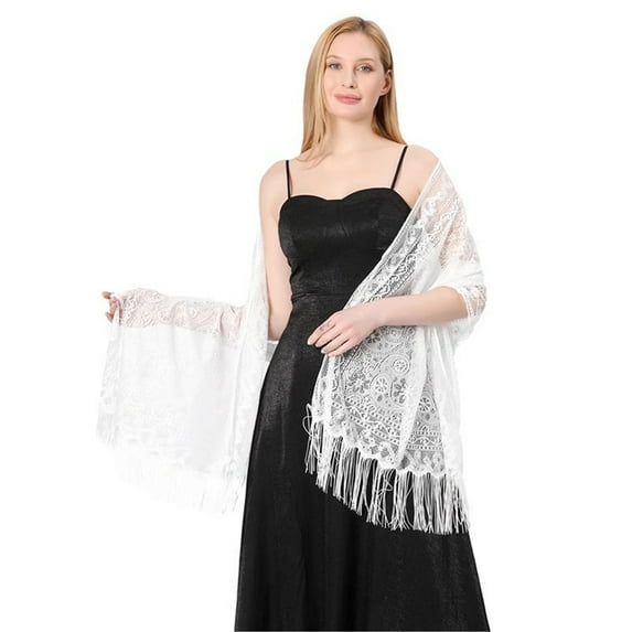 Fashionable White Lace Scarf Cut Outs Stylish Tassels Shawl Shoulder Wrap For Modern Women Daily and Special Occasion