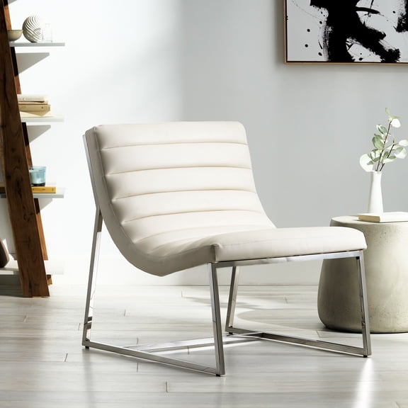 Fashionable White Leather Armchair With Ergonomic Seat And Curved Lines Elegant Chair Smooth Upholstery, Adds Luxury Feel