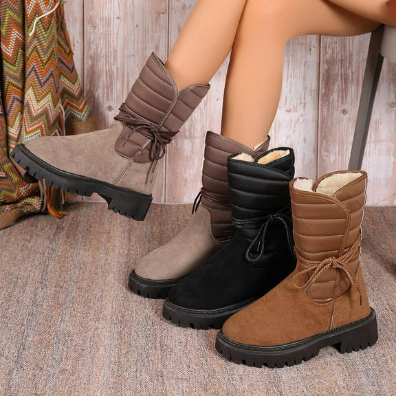 Fashionable Winter Mid-Calf Boots Comfortable Flat Bottom Plus Velvet Warm Snow Boots Casual Outdoor Indoor Solid Color Round Toe