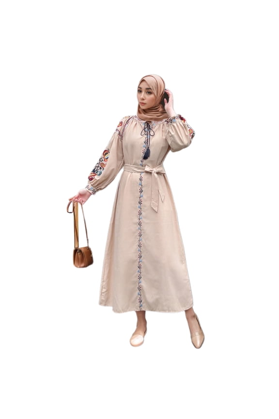Fashionable Women Cotton Linen Long Dress with Embroidered and Drawstring Tie Tassels Puff Long Sleeve Muslims Long Gown