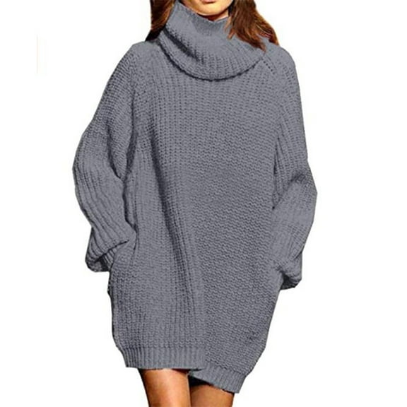 Fashionable Women's Autumn Winter Long Sleeve Turtleneck Pocket Dress Midi Dress