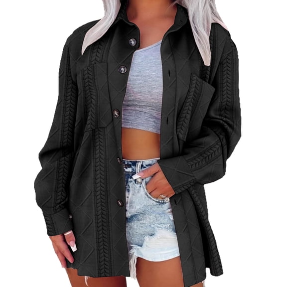 Fashionable Women's Collar Solid Color Button Pattern Knitted Jacket For Women Outerwear for Elegant and Comfortable Look,Black,L