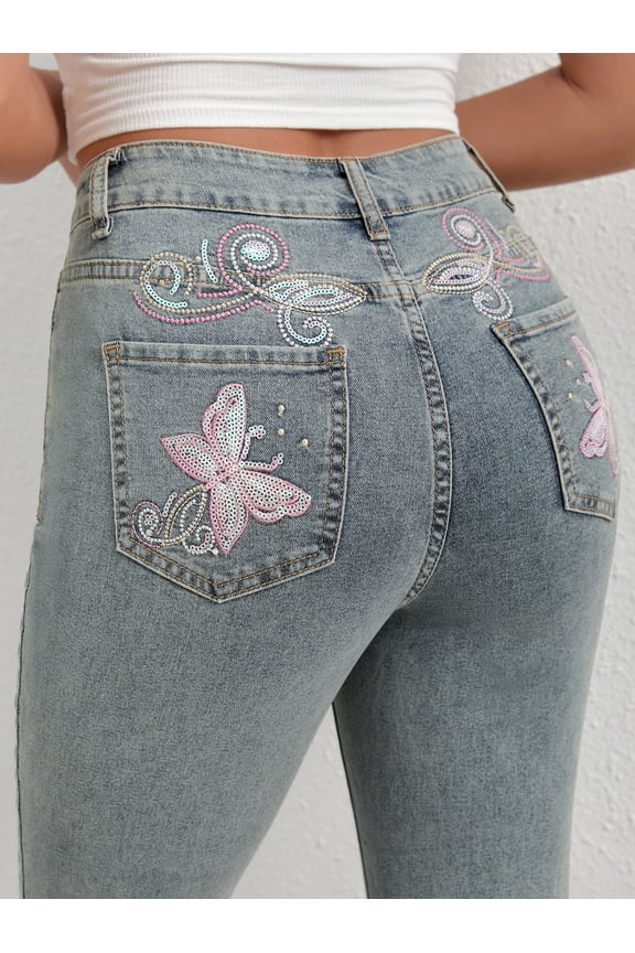 Fashionable Women's Denim Flare Leg Jeans with Sparkling Butterfly Sequin Details Casual Extra Long