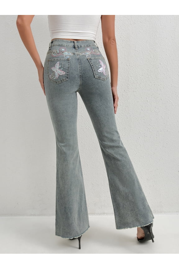 Fashionable Women's Denim Flare Leg Jeans with Sparkling Butterfly Sequin Details Casual Extra Long
