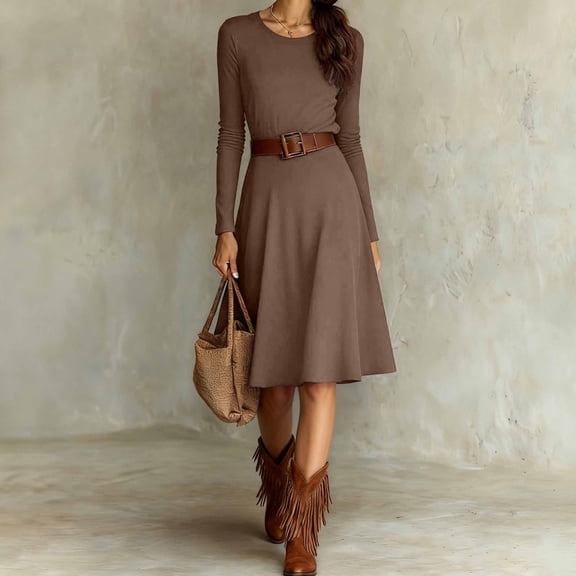 Fashionable Women's Elegant Western Style Round Neck Knitted Long Sleeve Spring & Autumn Dress - Coffee S