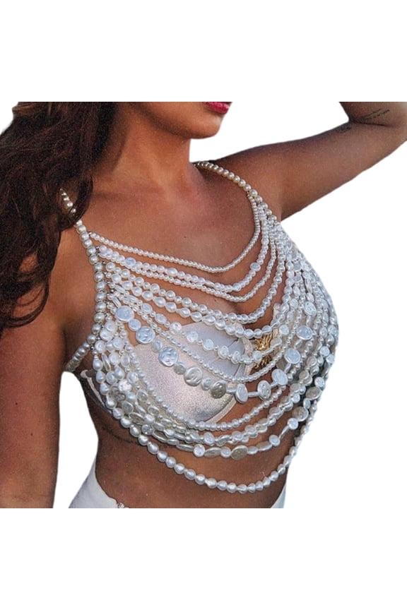 Fashionable Women's Faux Pearls Body Chain Necklace Backless Body Jewelry Crop Top Harness for Music Festivals and Event