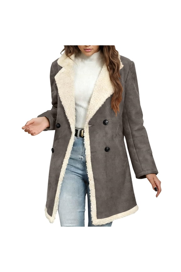 Fashionable Women's Faux Suedes Double Breasted Coat with Fleece Lining Notched Collar Side Pockets Designed For Commuting Comfort