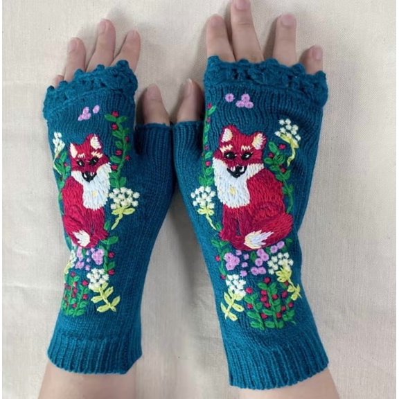 Fashionable Women's Fingerless Fox Wool Gloves - One Size Fits All for Cozy Autumn & Winter Wear