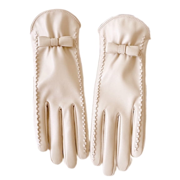 Fashionable Women's Gloves Soft PU Leather Hand Gloves with Fleece Liner and Decorative Bows Winter Autumn Warm Handwear