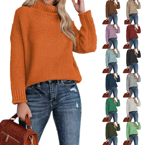 Fashionable Women's High-neck Knitted Sweater With Long Sleeves And Rolled Hem for Fall Winter Rolled Hem Details,Purple,S