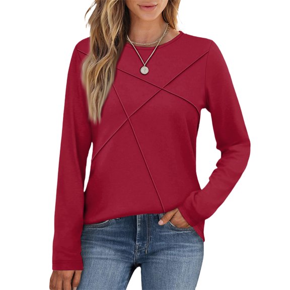 Fashionable Women's Long-Sleeved Round Neck Casual Pleated Loose Top With Relaxed Fit And Classic Design, Perfect For Multiple Occasions Daily, Beach, Outings, Parties, Work, And S