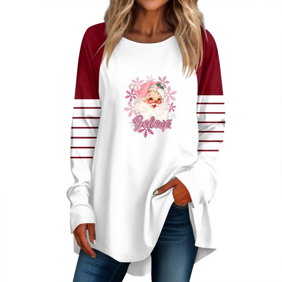 Fashionable Women's Loose Round Neck Long-Sleeved T-Shirt with Cute Christmas Small Print, Pullover Top for Everyday Casual Wear, Holiday Fun, and Comfortable Fit,White,M