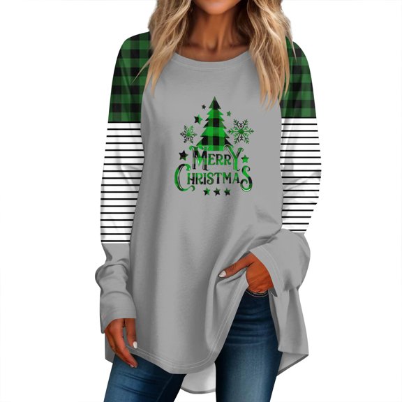 Fashionable Women's Loose Round Neck Long-Sleeved T-Shirt with Merry Christmas Santa Print, Pullover Top for Christmas Events, Casual Wear, and Comfortable Design,Khaki,S
