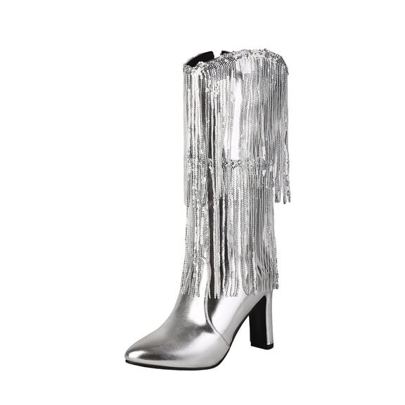 Fashionable Women's Mid-Calf Boots with Glittery Pointed Toe and Heel Featuring Fringe Tassel Design for Ladies