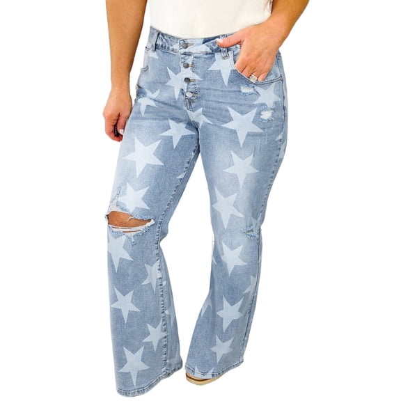 Fashionable Women's Plus Size Jeans - Sky Blue with Distressed Slit Knee Design - [ZhiHiMeRi] | (US 18W-20W)2X