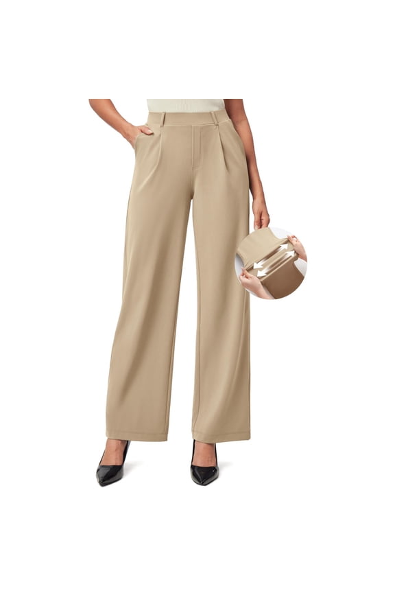 Fashionable Women's Stretch Pants, Work Business Casual Pants with Pockets, Western Style Dress Pants, Elastic Waist Office Trousers for Women,Khaki,2XL