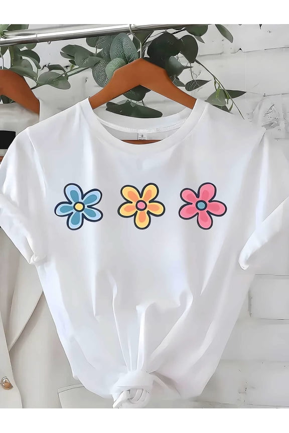 Fashionable Women’s Summer Short Sleeve T-Shirt with elegant three-flower black and white pattern print, regular comfortable stretch fit casual style top, soft daily wear apparel perfectly suitable f