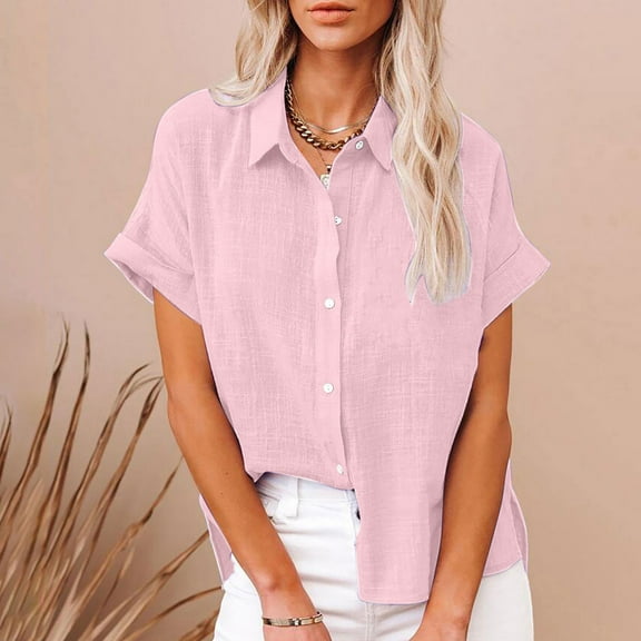 Fashionable Women's Summer Turn-down Solid Short Sleeved Casual