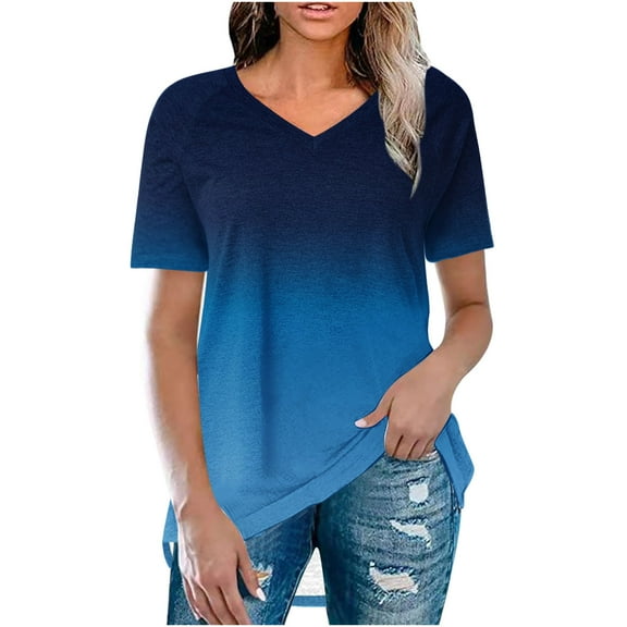 Fashionable Women's Summer V-Neck Raglan Sleeve Short Sleeve T-Shirt with Gradient Print, Front Short Back Long Casual Top, Lightweight and Comfortable for Everyday Wear, Available in Multiple Sizes