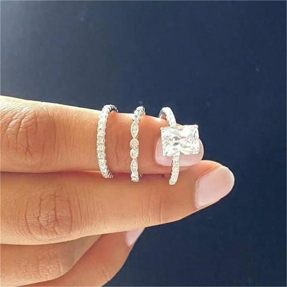 Fashionable Women's Three-Piece Square Diamond Ring And Bracelets Set