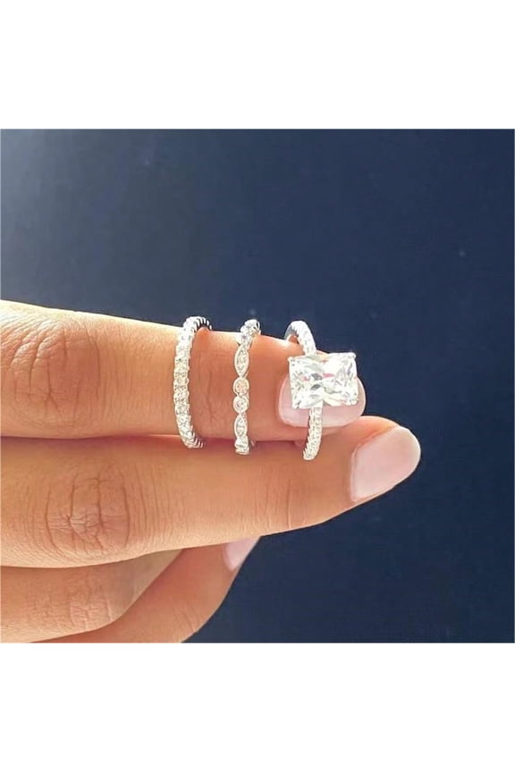 Fashionable Women's Three-Piece Square Diamond Ring And Bracelets Set