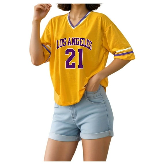 Fashionable Women's V Neck Letter Print Loose Fit Short Sleeve T Shirt Athletic Top for Casual and Sporty Outfits