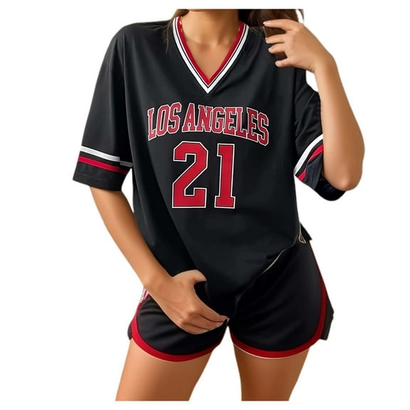 Fashionable Women's V Neck Letter Print Loose Fit Short Sleeve T Shirt Athletic Top for Casual and Sporty Outfits