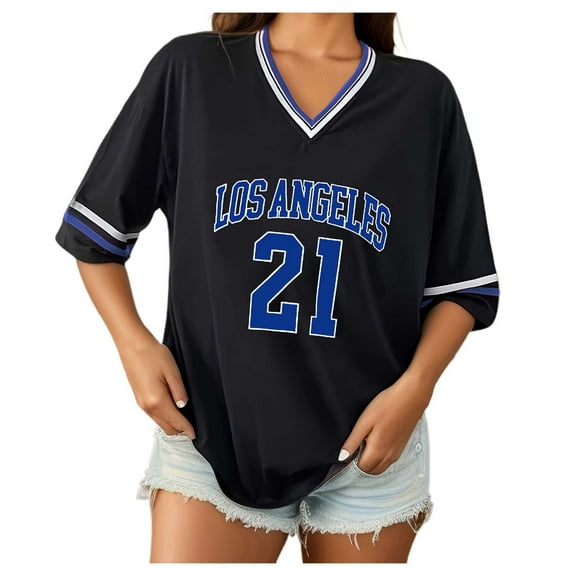 Fashionable Women's V Neck Letter Print Loose Fit Short Sleeve T Shirt Athletic Top for Casual and Sporty Outfits