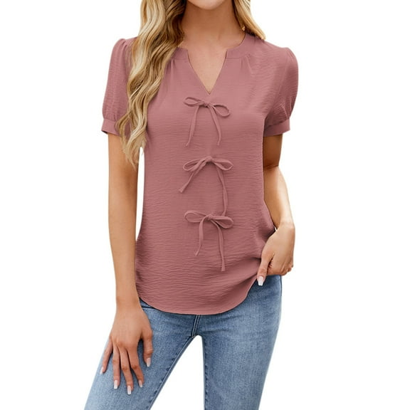 Fashionable Women's V Neck Solid Color Short Sleeve T Shirt with Tie Bow Stylish, Comfortable, Versatile for Casual & Dressy, Available in Multiple Sizes