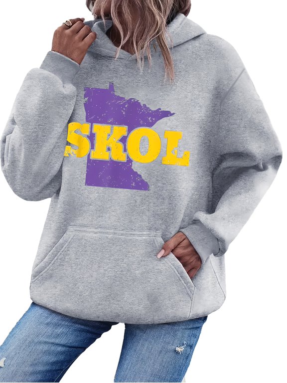 Fashionable Y2K Vibrant Print Women's -Lined Kangaroo Pocket Hoodie - Dynamic SKOL Design, Machine Washable, Easy-to-Match Casual Sporty Hooded Top, Polyester Blend Material,