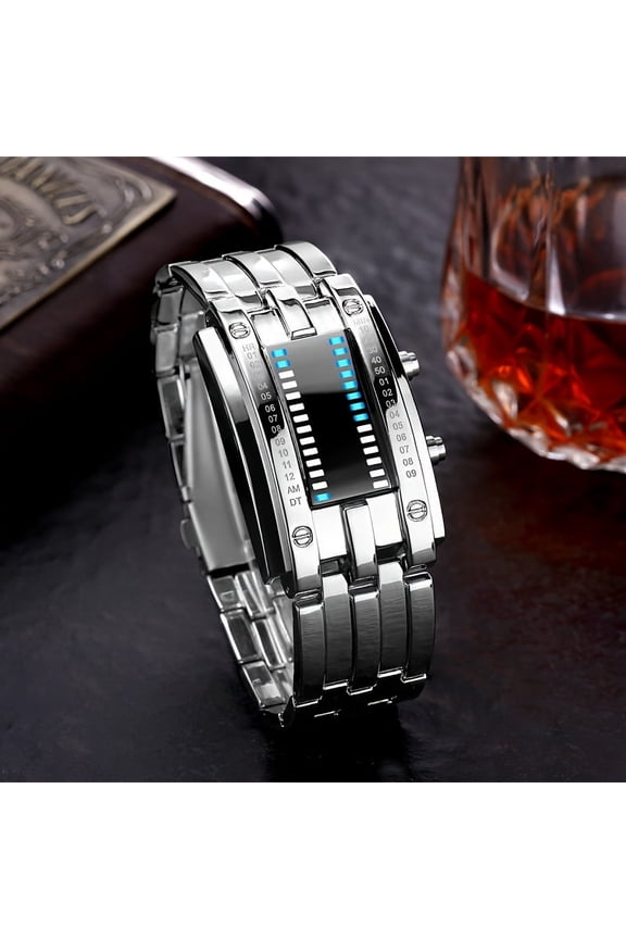 Fashionable and creative LED sports electronic watch, IP68-grade waterproof, binary steel belt electronic watch, unisex, ideal gift choice,Silver men