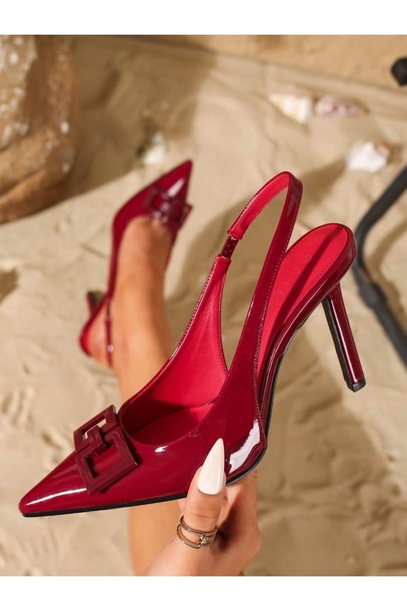 Fashionable and elegant burgundy patent leather pointed toe women's high heels.