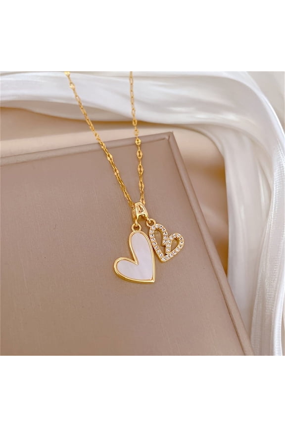 Fashionable double -layer heart -shaped pendant necklace, imitation shell and cubic oxidation -18K gold plating, stainless steel -suitable for anniversary, birthday, Christmas gift