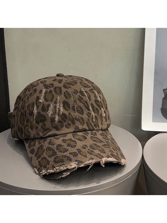Fashionable leopard print baseball cap, street style, vintage distressed duckbill cap