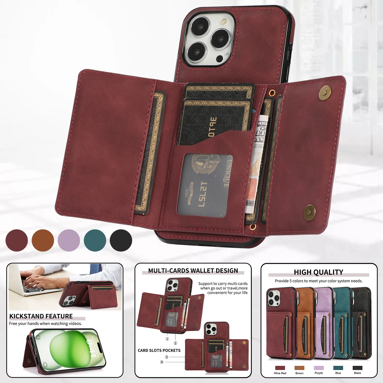 Fashionable luxury three fold multi card slot phone case PU leather