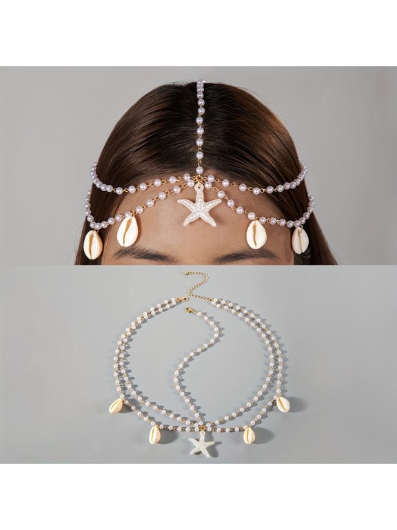 Fashionable marine style imitation pearl chain resin tassel multi-layer head chain - prom party jewelry for women, the perfect gift choice