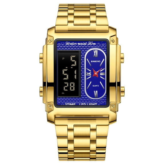 Fashionable men's creative steel - band electronic watch with dual - movement, multi - function, waterproof, designed for male students