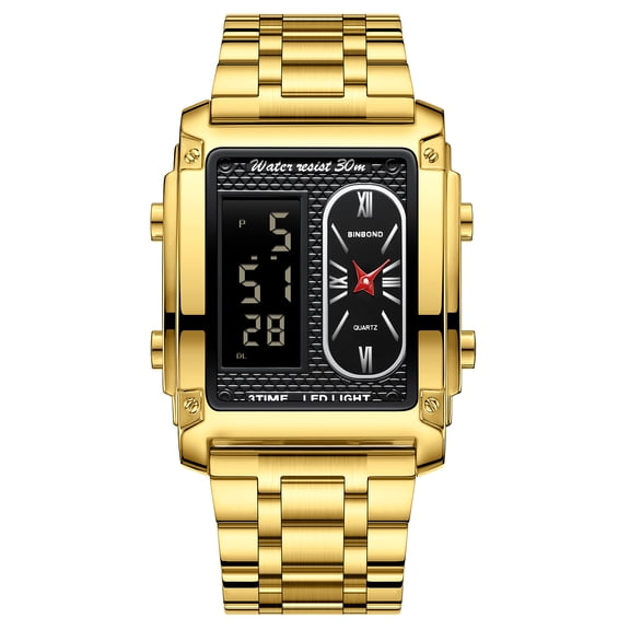 Fashionable men's creative steel - band electronic watch with dual - movement, multi - function, waterproof, designed for male students