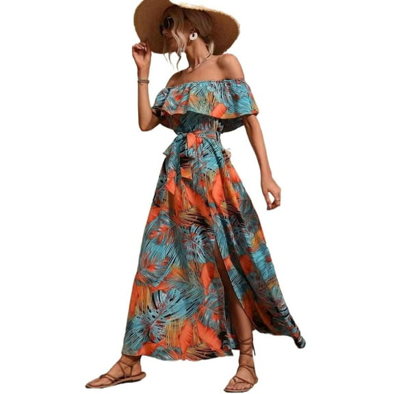 Fashionable new one-shoulder ruffled printed dress