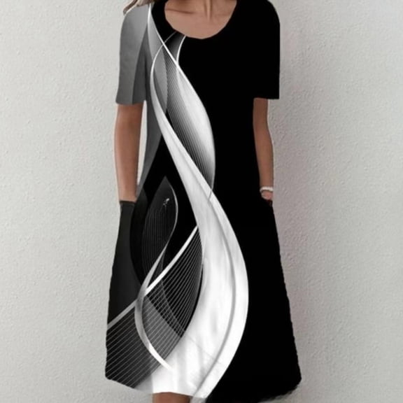 Fashionable printed round-neck short-sleeve long dress