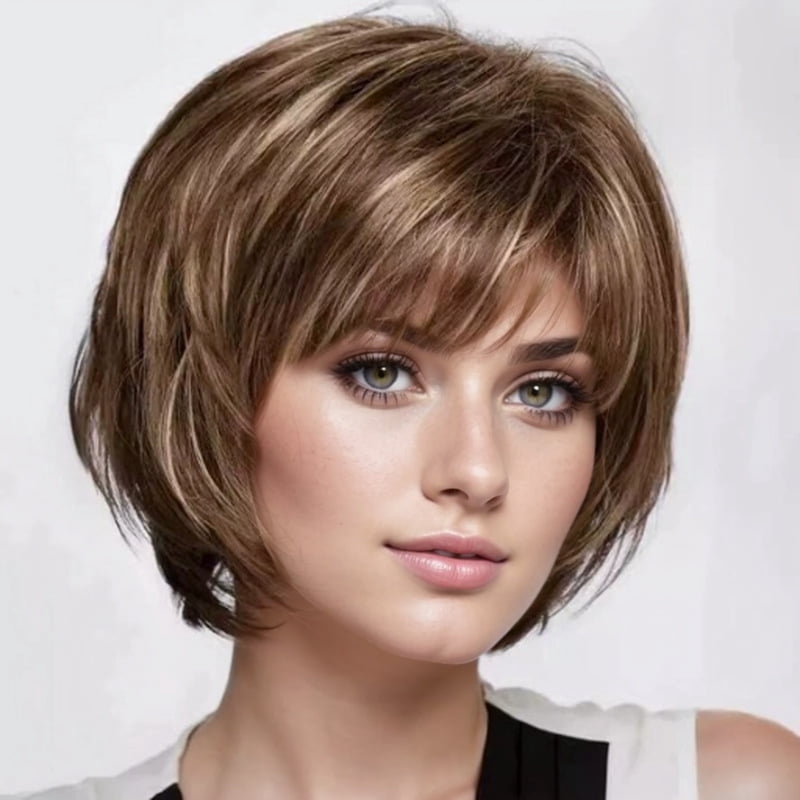 Fashionable short straight hair wig for women brown European and American chemical fiber wig for short curly hair
