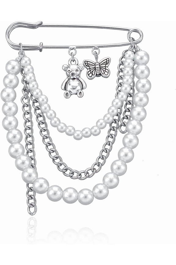 Fashionable silver brooch, shawl pin, men's and women's fashion bear pearl tassel chain sweater clip brooch collar suit brooch label pin Christmas ornament
