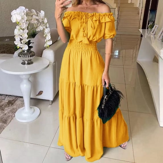 Fashionable solid color lotus-style tie-neck ruffle-trim off-shoulder dress with puffy sleeves and a large hemline