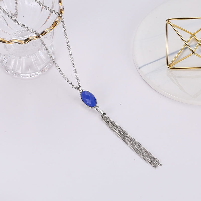 SHIYE TOYS STORE Fashionable temperament long double-sided pendant necklace Jewelry for Women-Blue and white bead